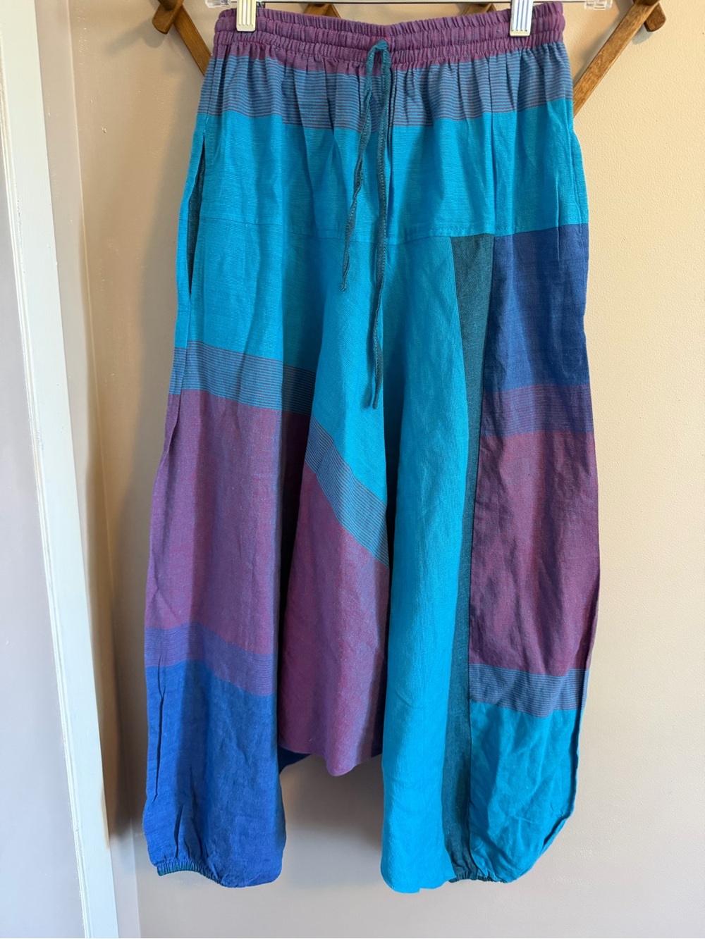 Unbranded Blue Patchwork Cotton Linen Harem Pants M